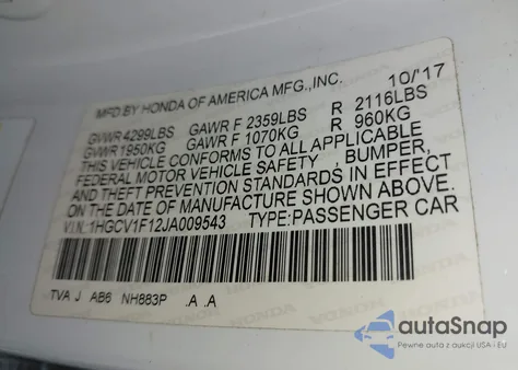 2018 Honda Accord Lx из США, поврежденный, VIN 1HGCV1F12JA009543